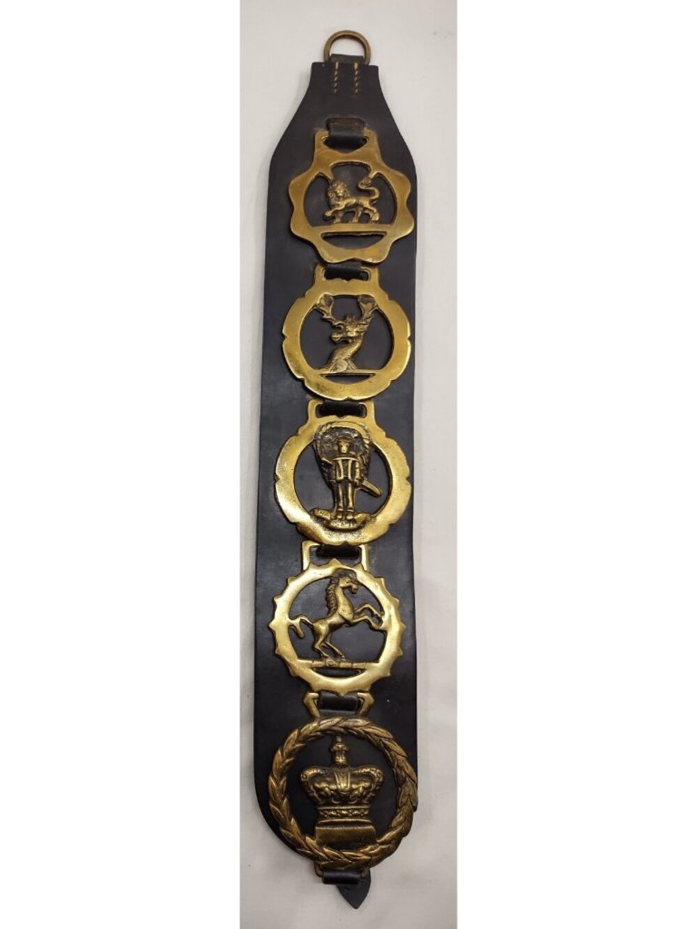 Vintage English Horse Brass Martingale Strap Crown Stag Lion Heraldic Set